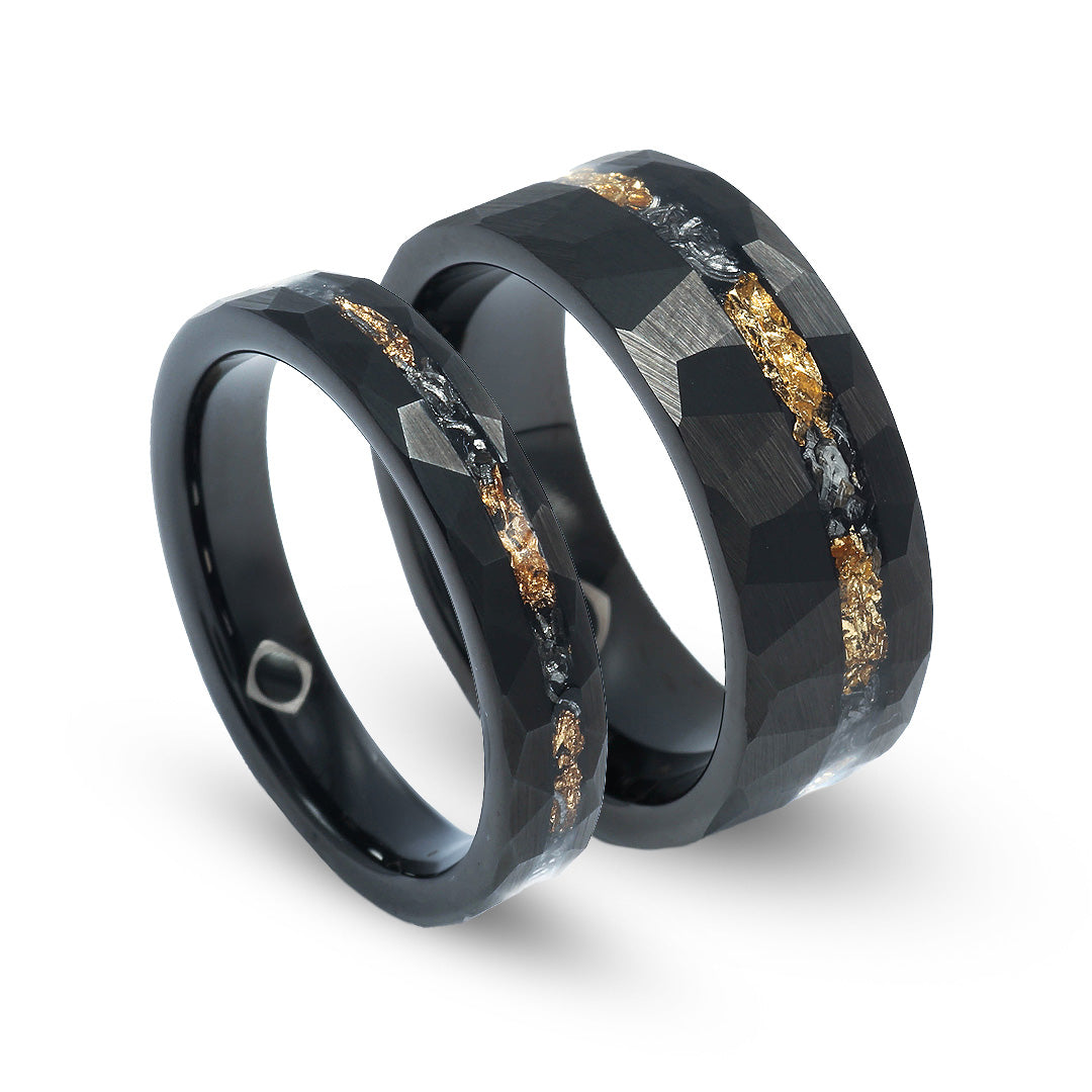 His and hers meteorite gold leaf rings with dark tungsten finish
