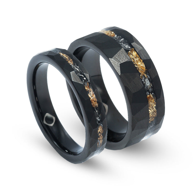 His and hers meteorite gold leaf rings with dark tungsten finish