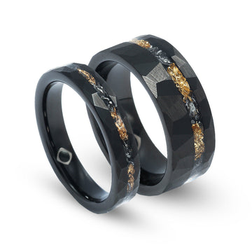 Meteorite Gold Leaf Matching Wedding Band Set | His and Hers Black Hammered Tungsten Rings 2