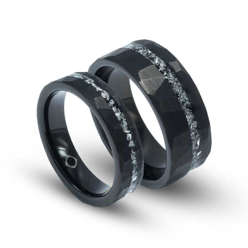 His and hers meteorite wedding bands with black tungsten