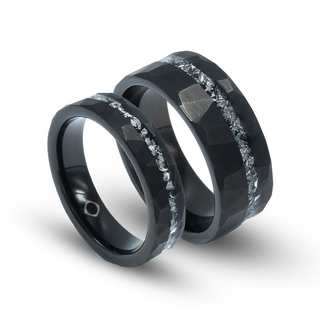 Meteorite Matching Wedding Band Set | His and Hers Black Hammered Tungsten Rings