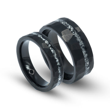Meteorite Matching Wedding Band Set | His and Hers Black Hammered Tungsten Rings 2