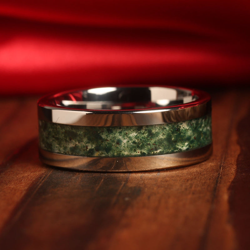 His and hers moss agate silver rings with tungsten comfort fit