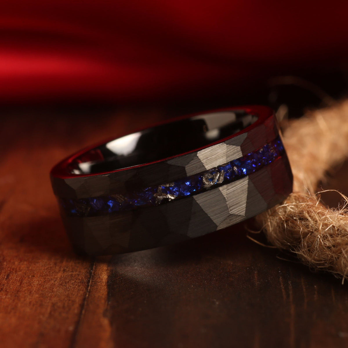 His and hers nebula sandstone meteorite rings with dark textured finish