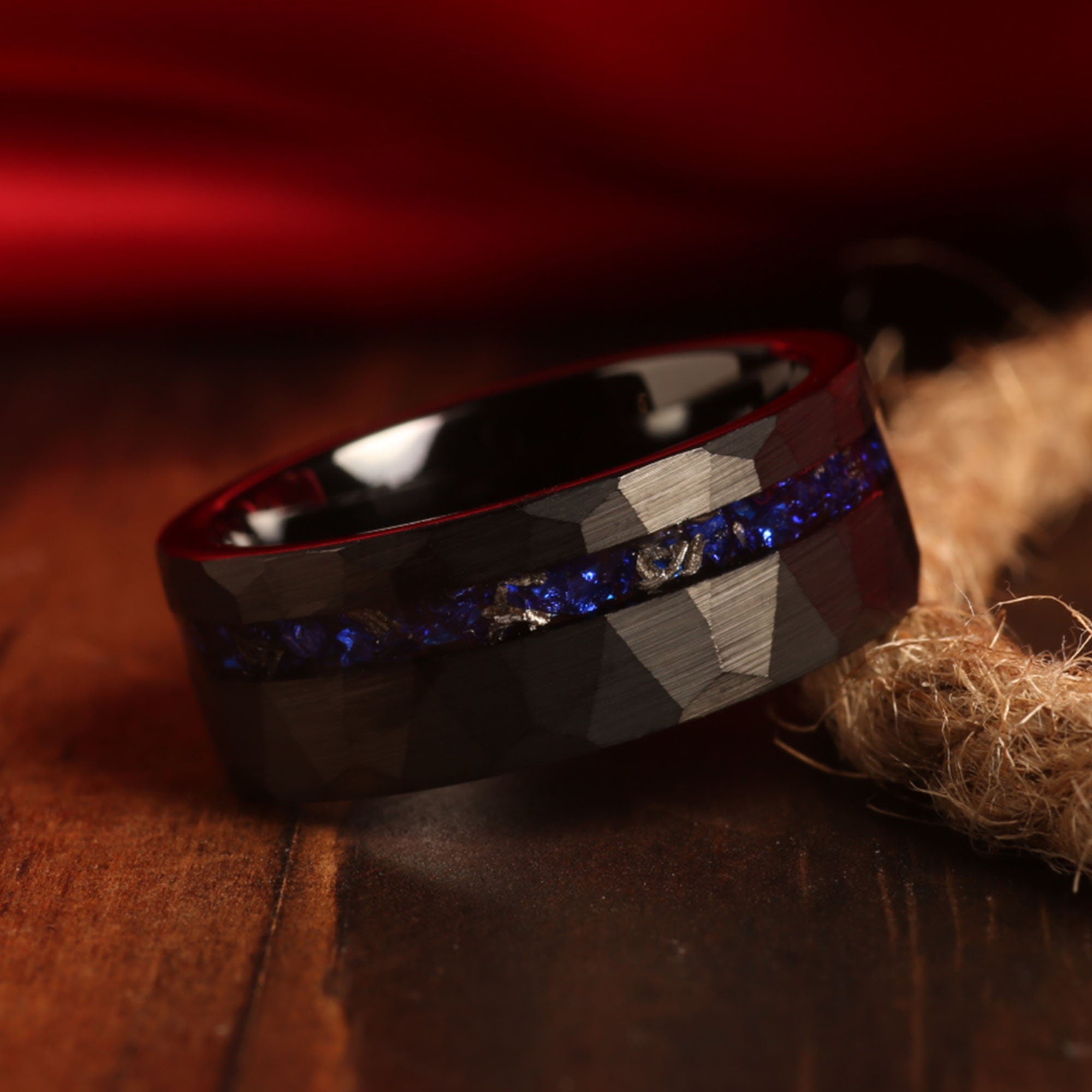 Nebula Sandstone Meteorite Matching Wedding Band Set | His and Hers Black Hammered Tungsten Rings