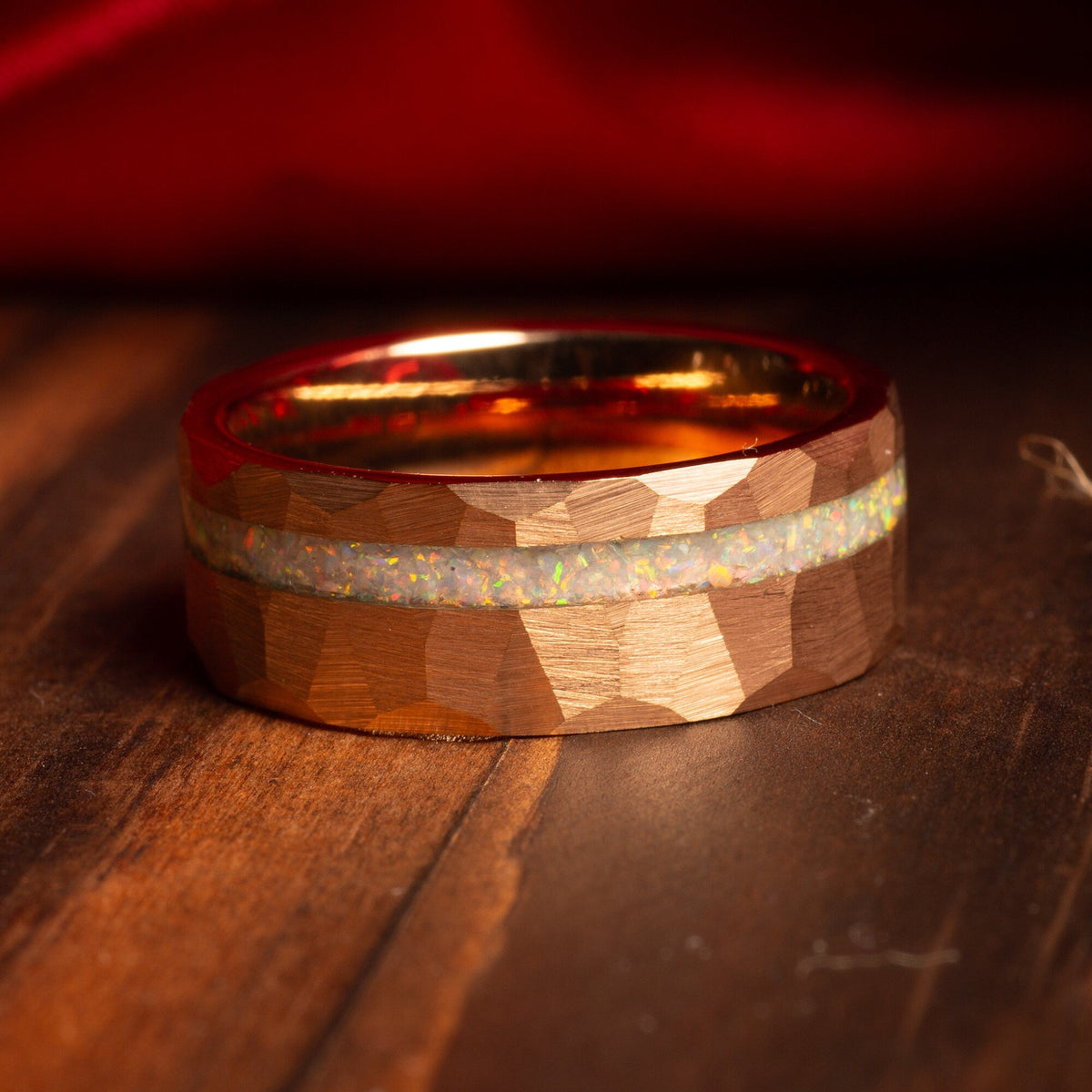 His and hers white opal wedding bands with rose gold tungsten