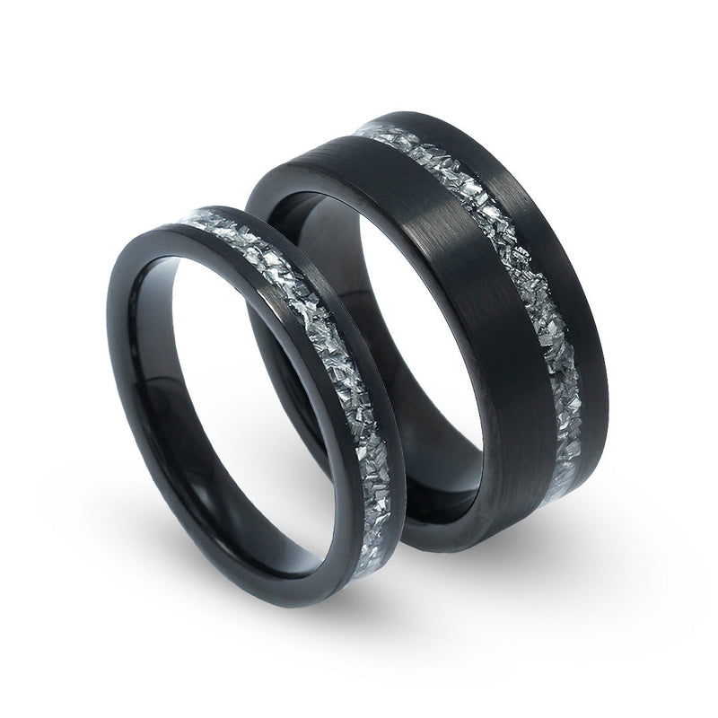 His and hers black brushed meteorite bands with genuine rare inlays