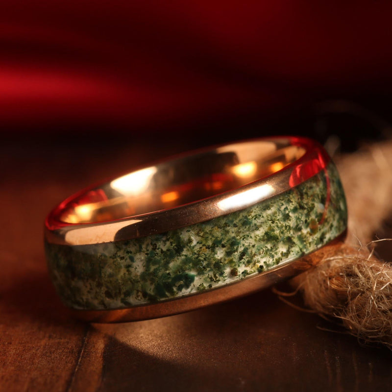 His and hers moss agate rose gold rings with natural green stone inlays