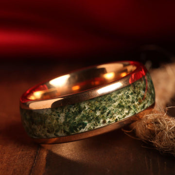 Moss Agate Rose Gold Matching Wedding Band Set | His and Hers Tungsten Rings 2