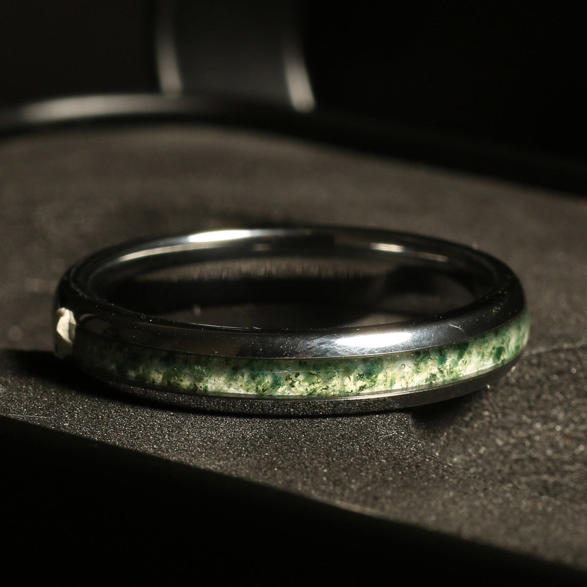 His hers silver tungsten moss agate bands with natural green stone inlays