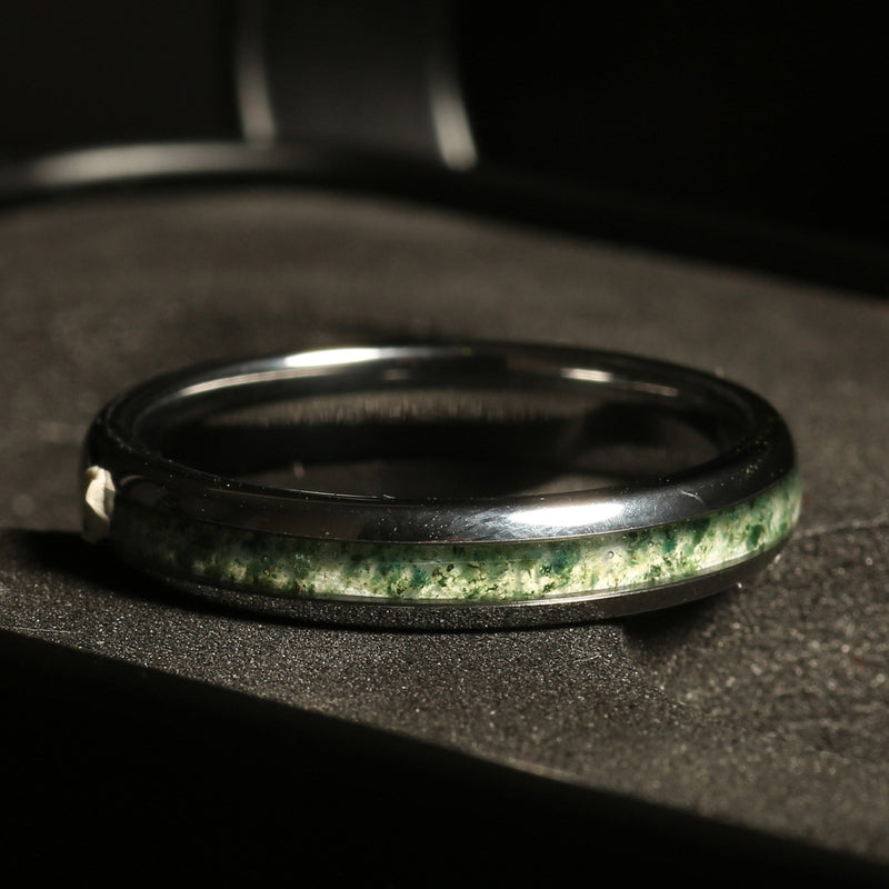 His hers silver tungsten moss agate bands with natural green stone inlays