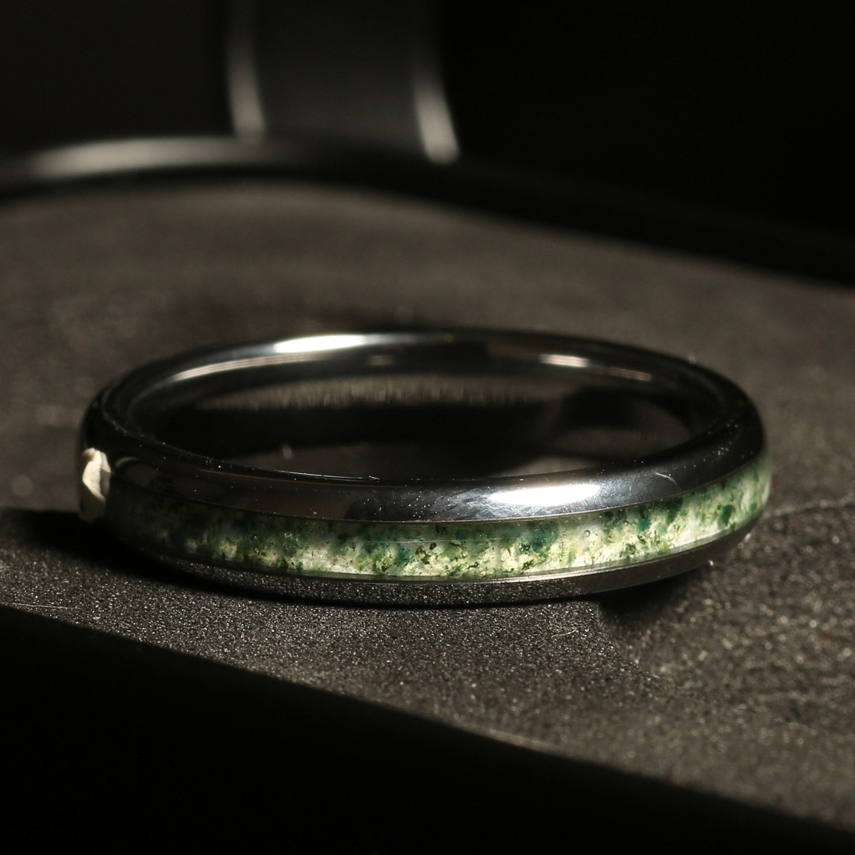 Moss Agate Matching Wedding Band Set | His and Hers Silver Tungsten Rings