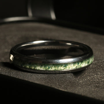 Moss Agate Matching Wedding Band Set | His and Hers Silver Tungsten Rings 2