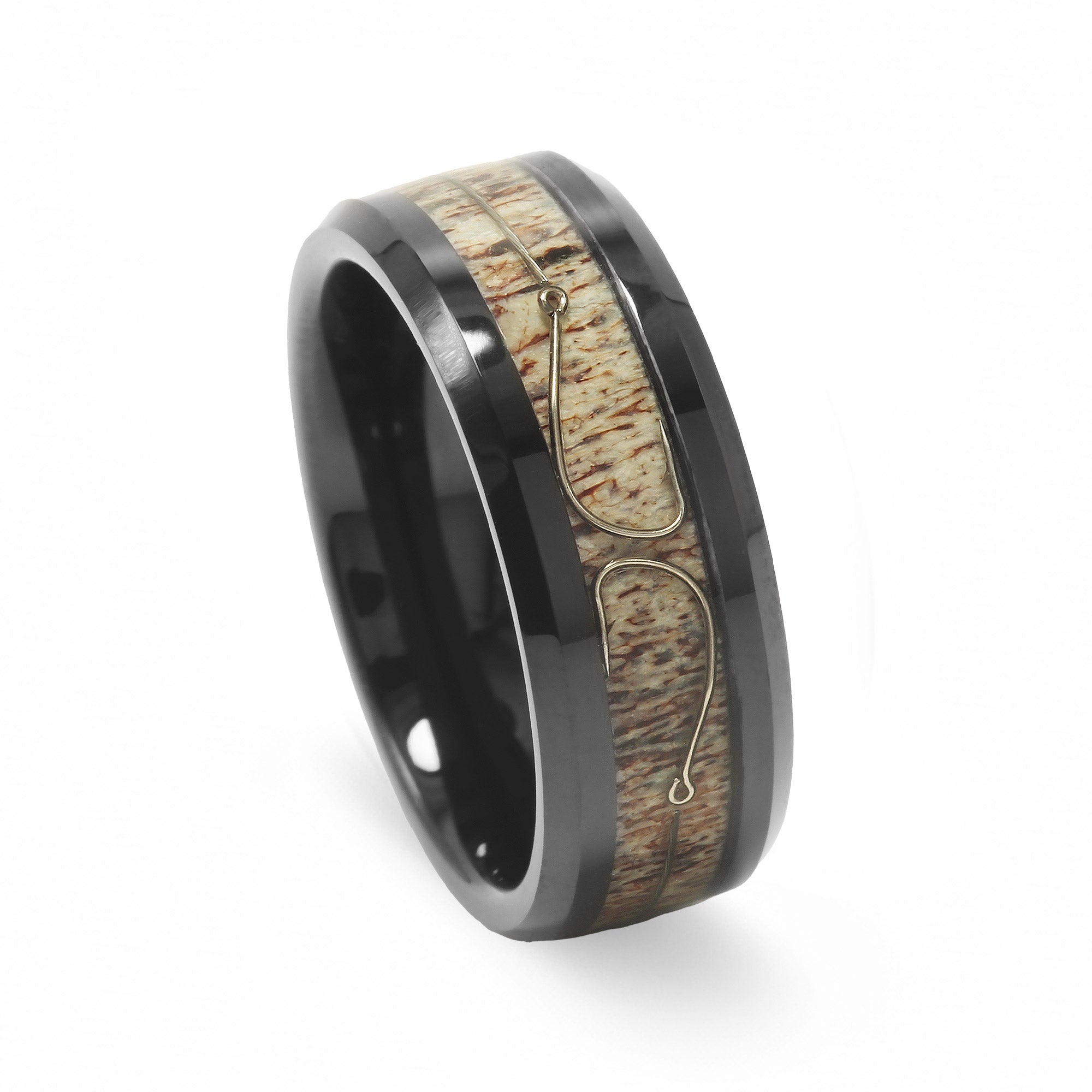 Fishing Hook Deer Antler Wedding Band for Men | 8mm Black Tungsten Ring