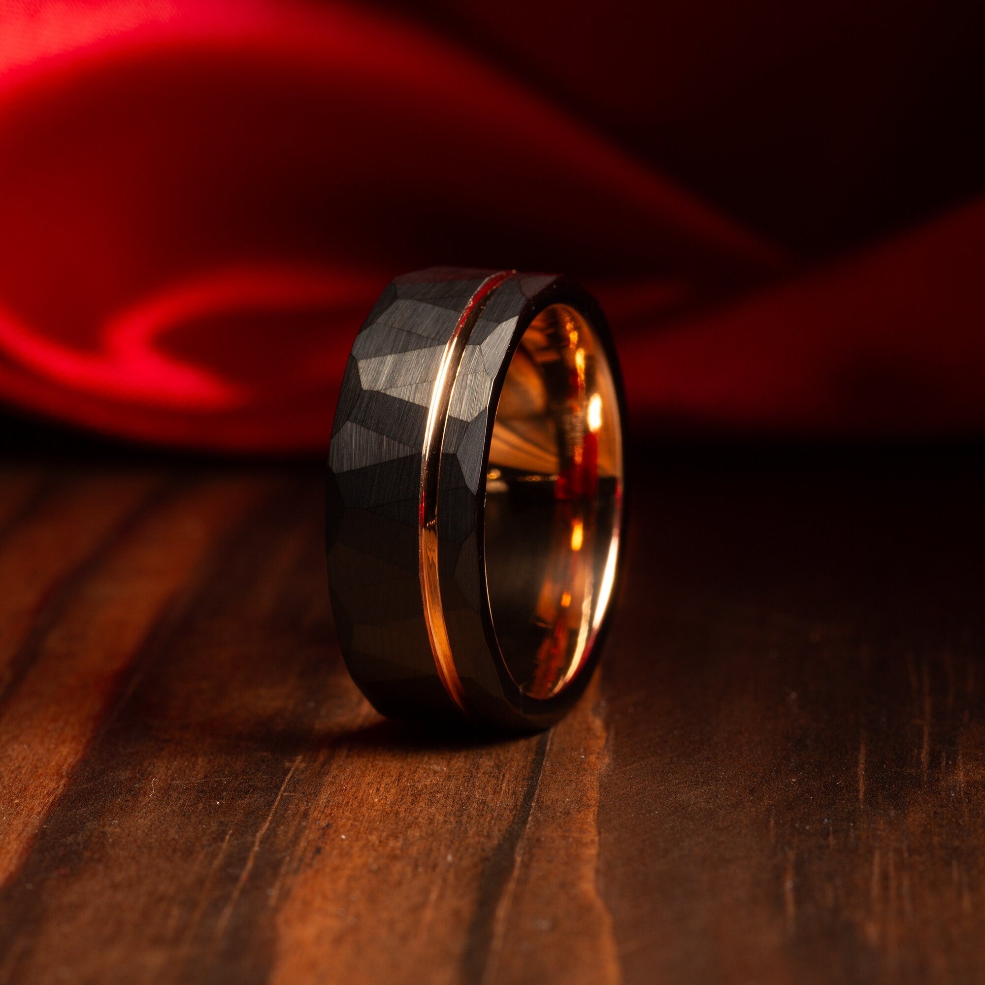 Rose Gold Strip Wedding Band for Men | 8mm Hammered Tungsten Ring