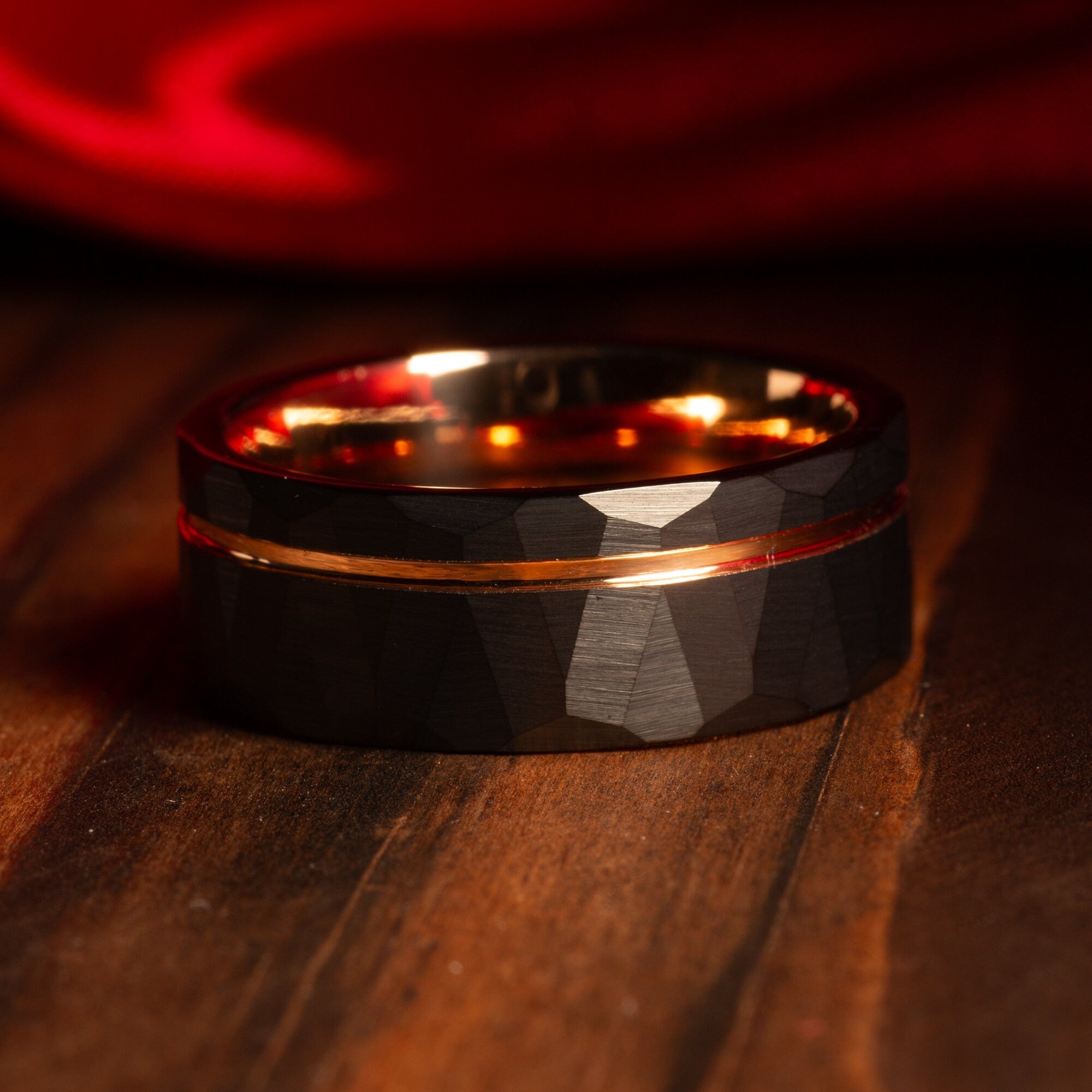 Rose Gold Strip Wedding Band for Men | 8mm Hammered Tungsten Ring