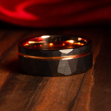 Rose Gold Strip Wedding Band for Men | 8mm Hammered Tungsten Ring 6