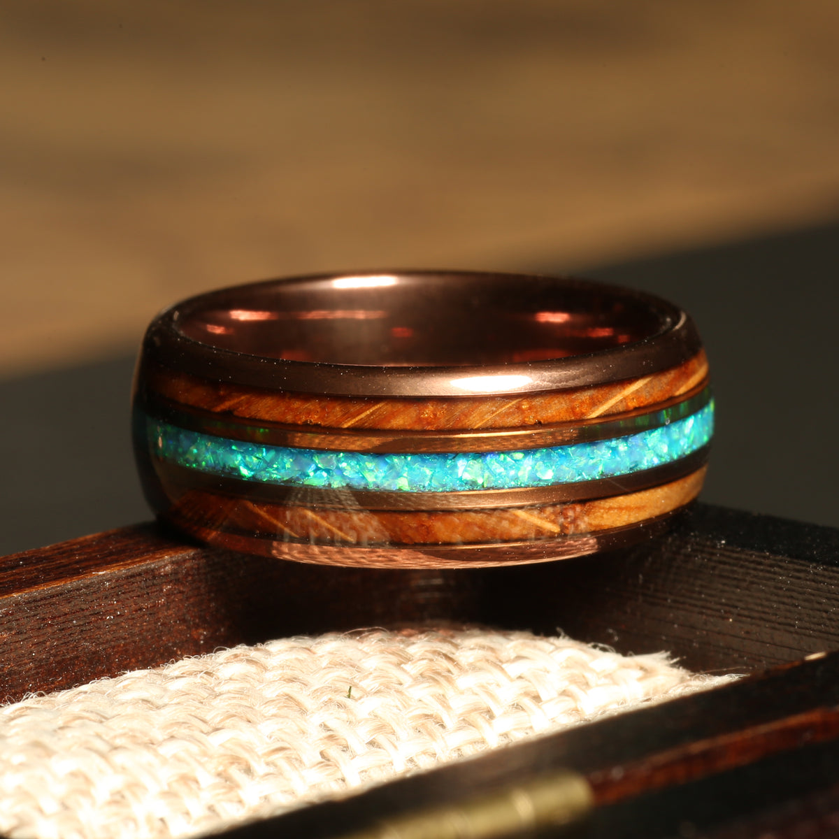 Koa wood blue green opal ring for men with rose gold tungsten