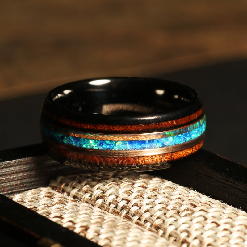 Koa wood blue opal ring for men with black tungsten
