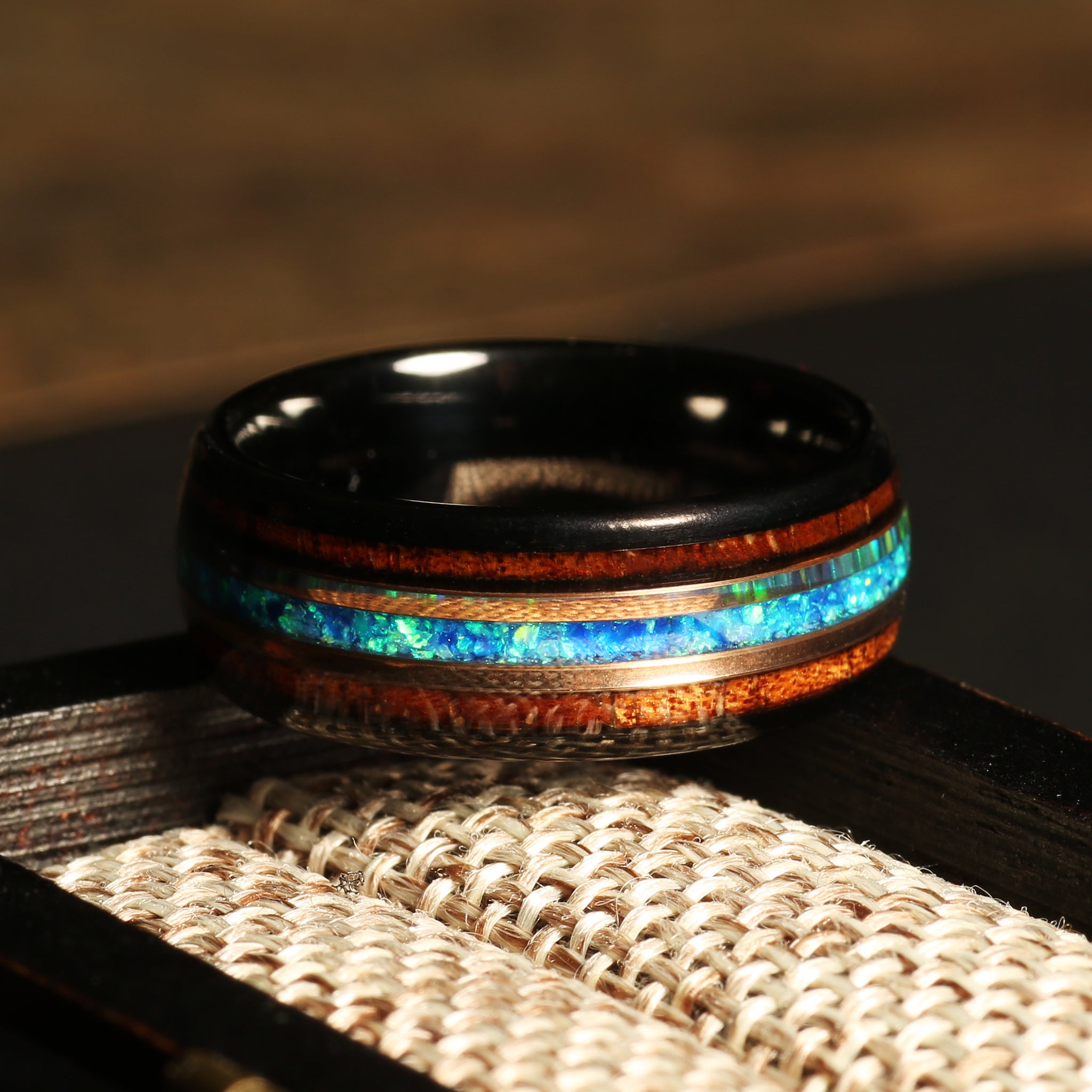 Koa Wood Blue Opal Wedding Band for Men | 8mm Black Tungsten Ring