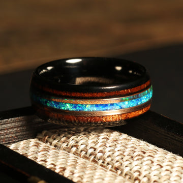 Koa Wood Blue Opal Wedding Band for Men | 8mm Black Tungsten Ring 2