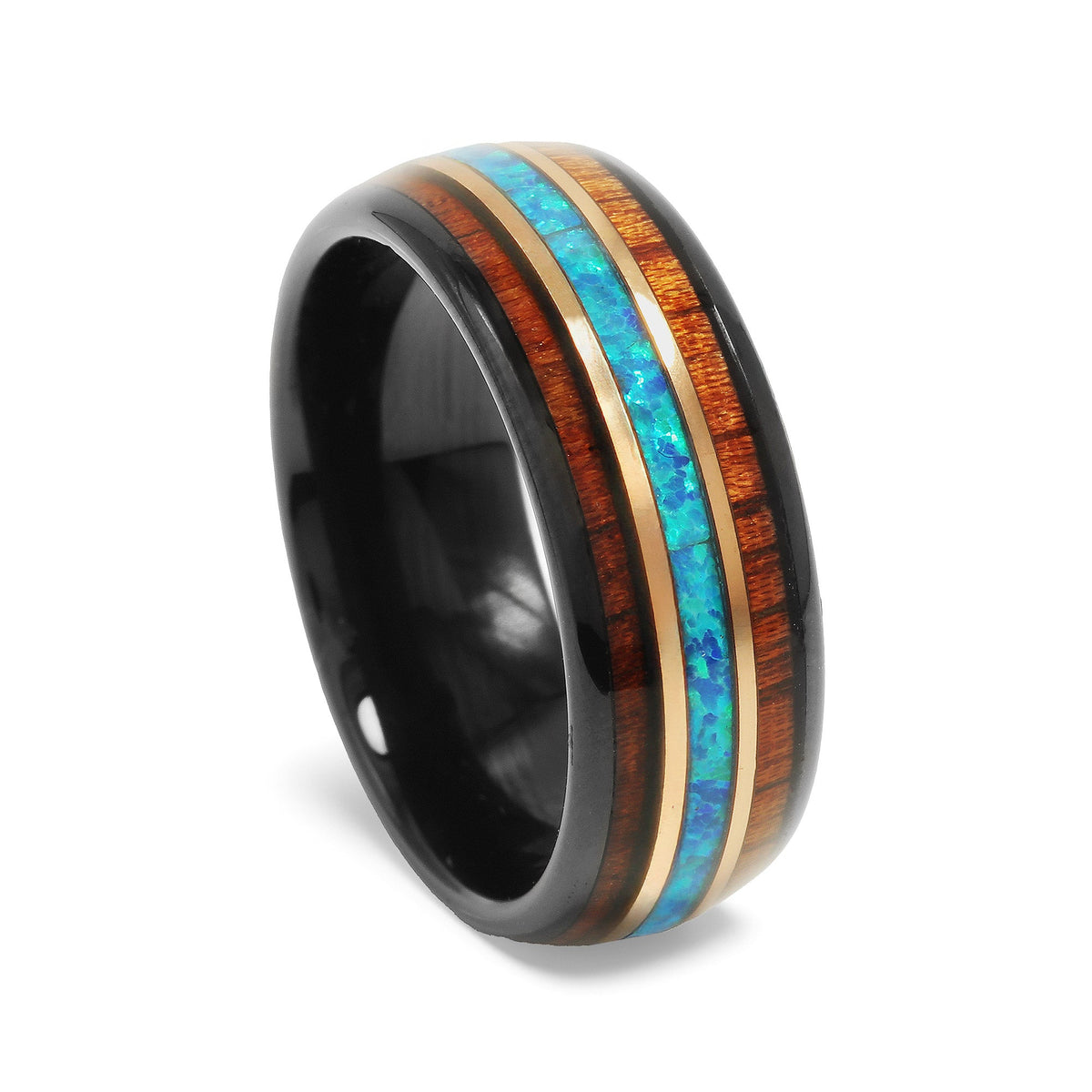 Koa wood blue opal tungsten wedding band for men