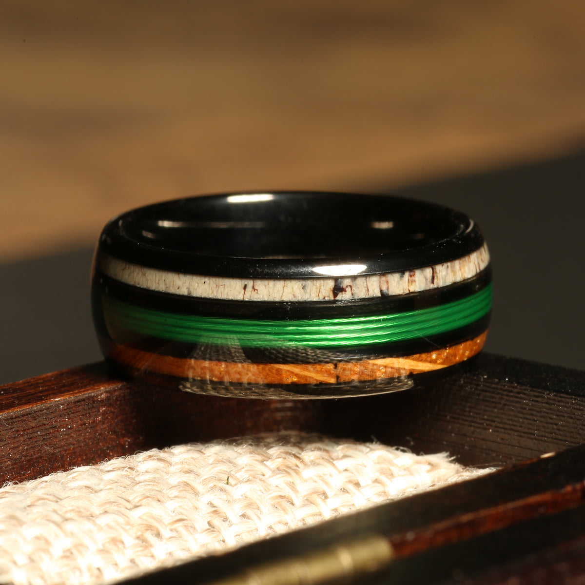 Koa wood deer antler fishing line ring for men with black tungsten