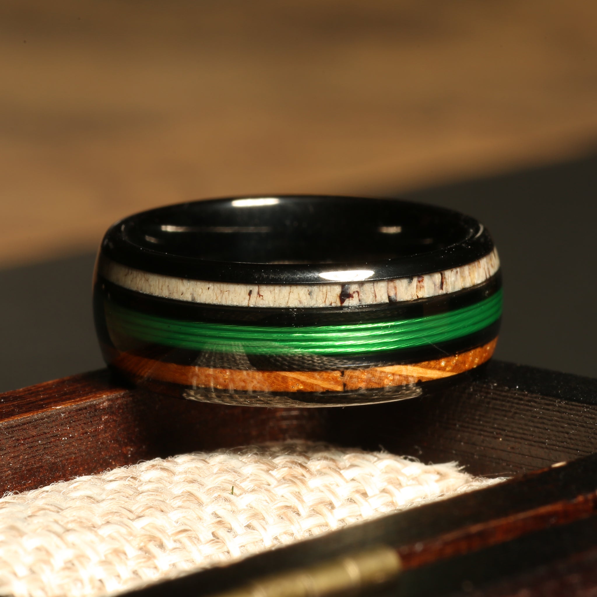 Koa Wood Deer Antler Fishing Line Wedding Band for Men | 8mm Black Tungsten Ring