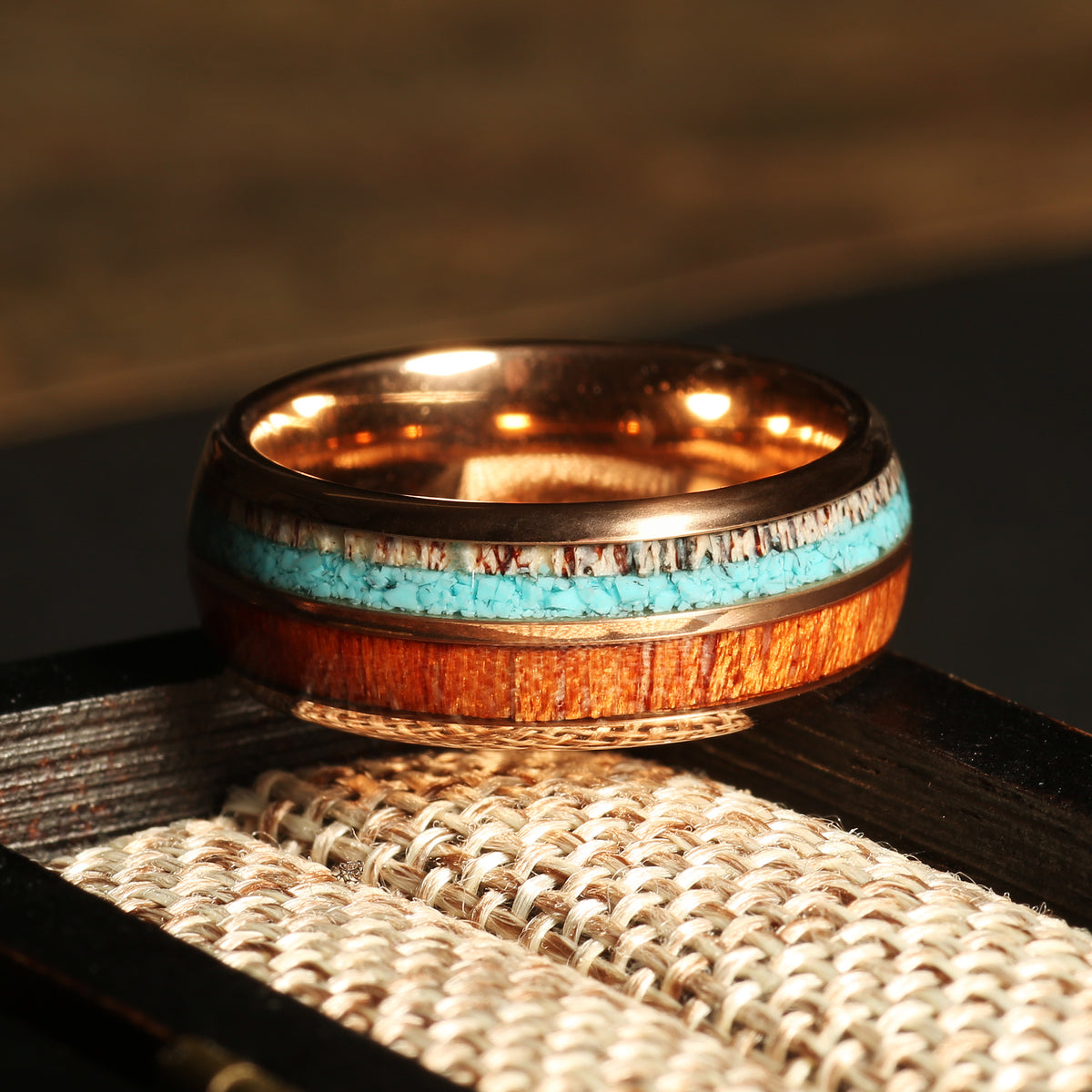 Koa wood deer antler turquoise ring for men with rose gold tungsten