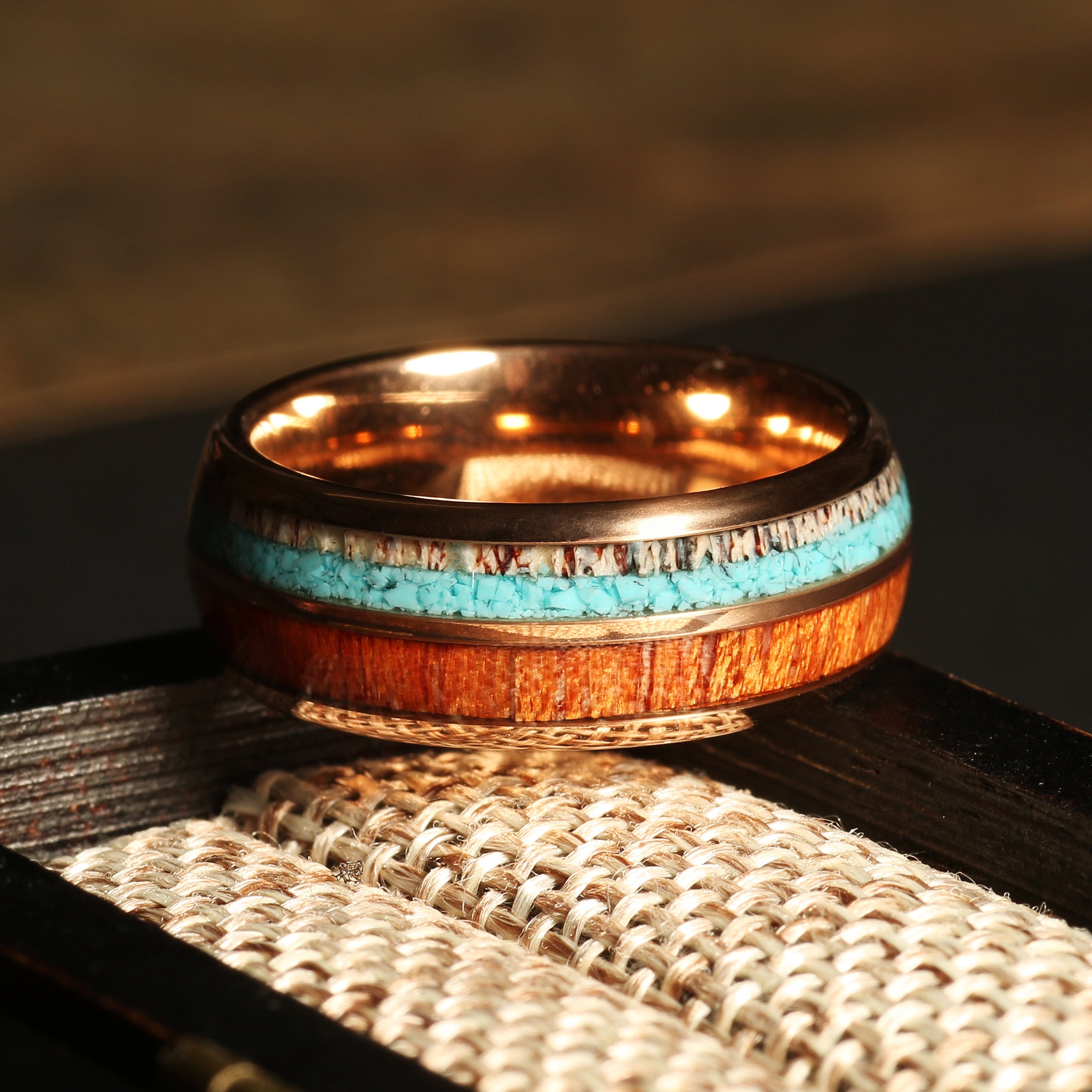 Koa Wood Deer Antler Turquoise Wedding Band for Men | 8mm Rose Gold Tungsten Ring