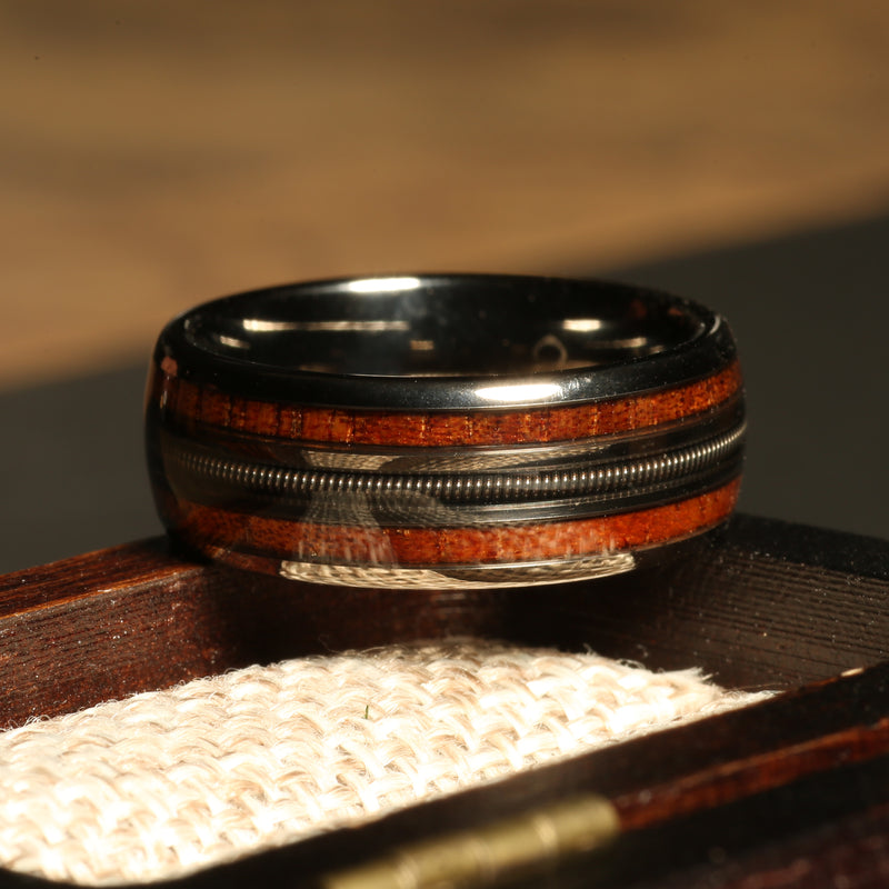 Koa wood guitar string ring for men with silver tungsten