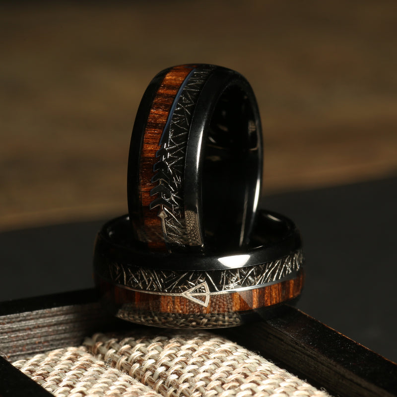 Koa wood meteorite arrow ring for men with black tungsten