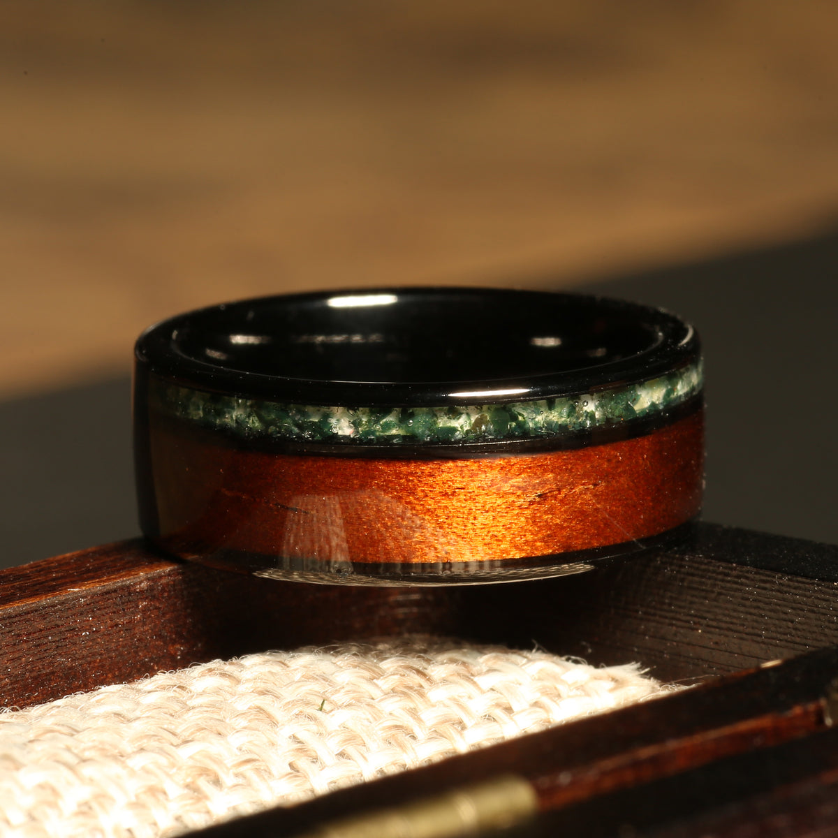 Koa wood moss agate ring for men with black tungsten