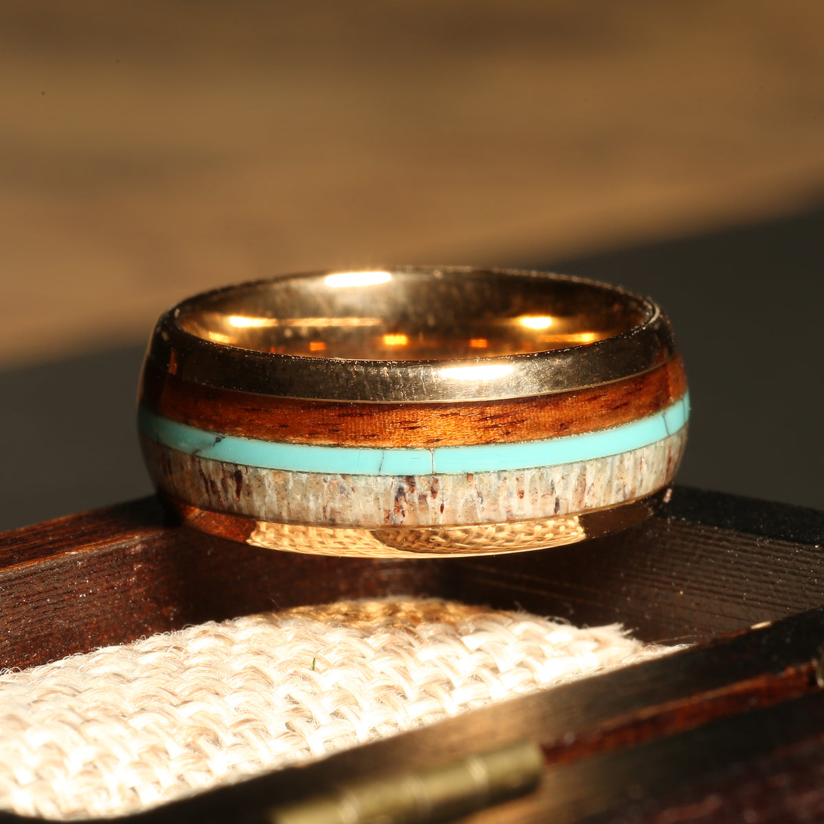 Koa wood turquoise deer antler ring for men with rose gold tungsten