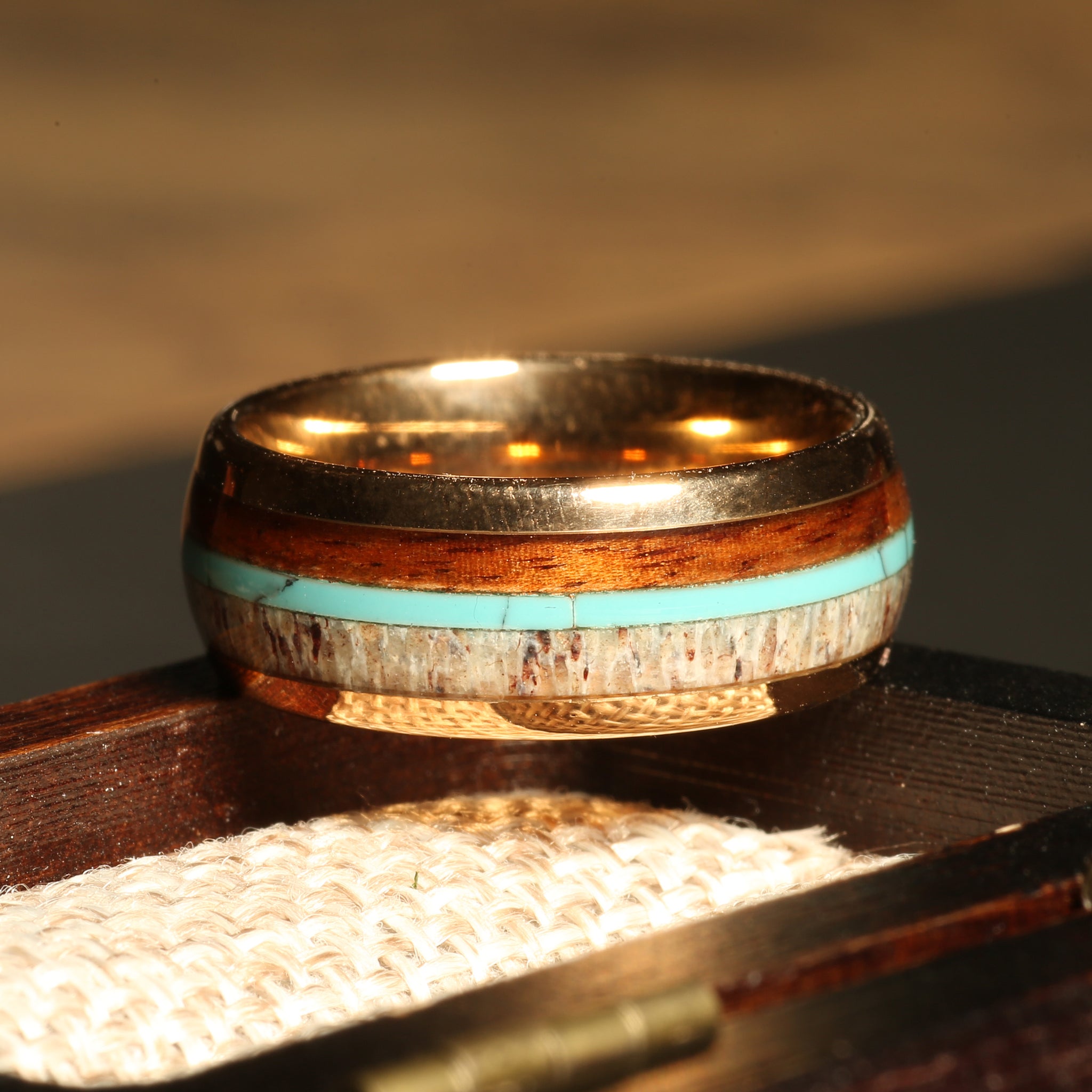 Koa Wood Turquoise Deer Antler Wedding Band for Men | 8mm Rose Gold Tungsten Ring