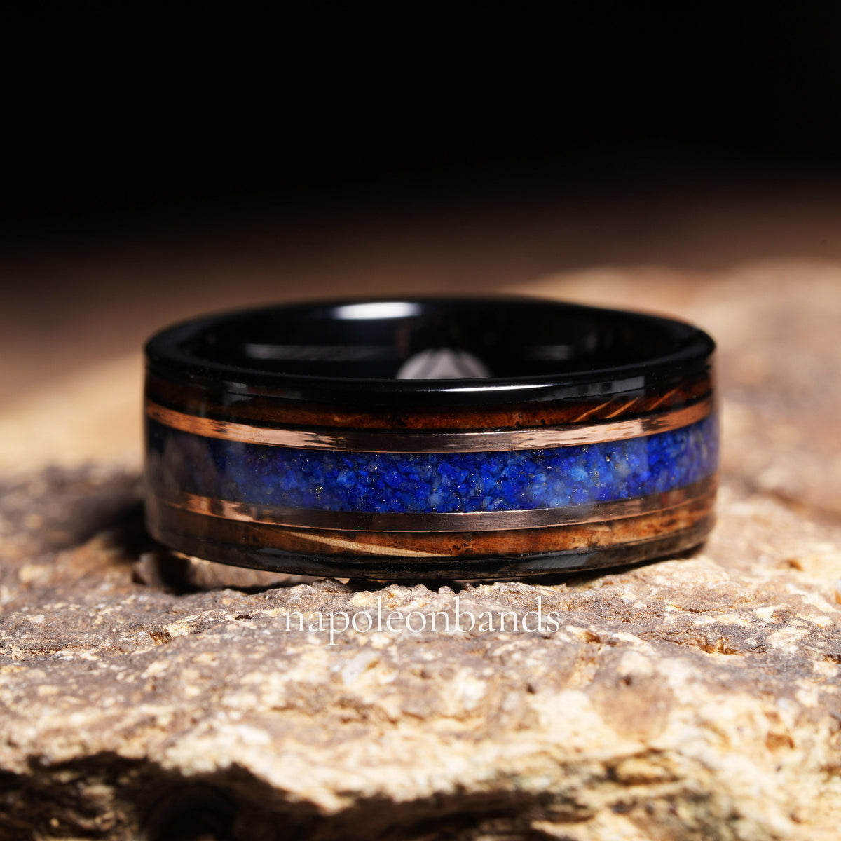 Lapis lazuli whiskey barrel ring for men with dark tungsten strength