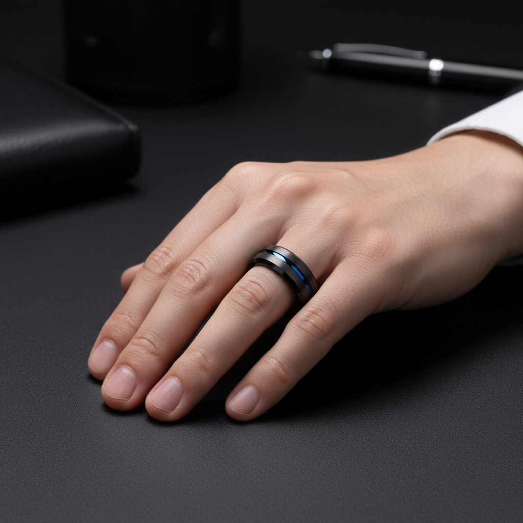 Law enforcement blue line wedding ring with black tungsten