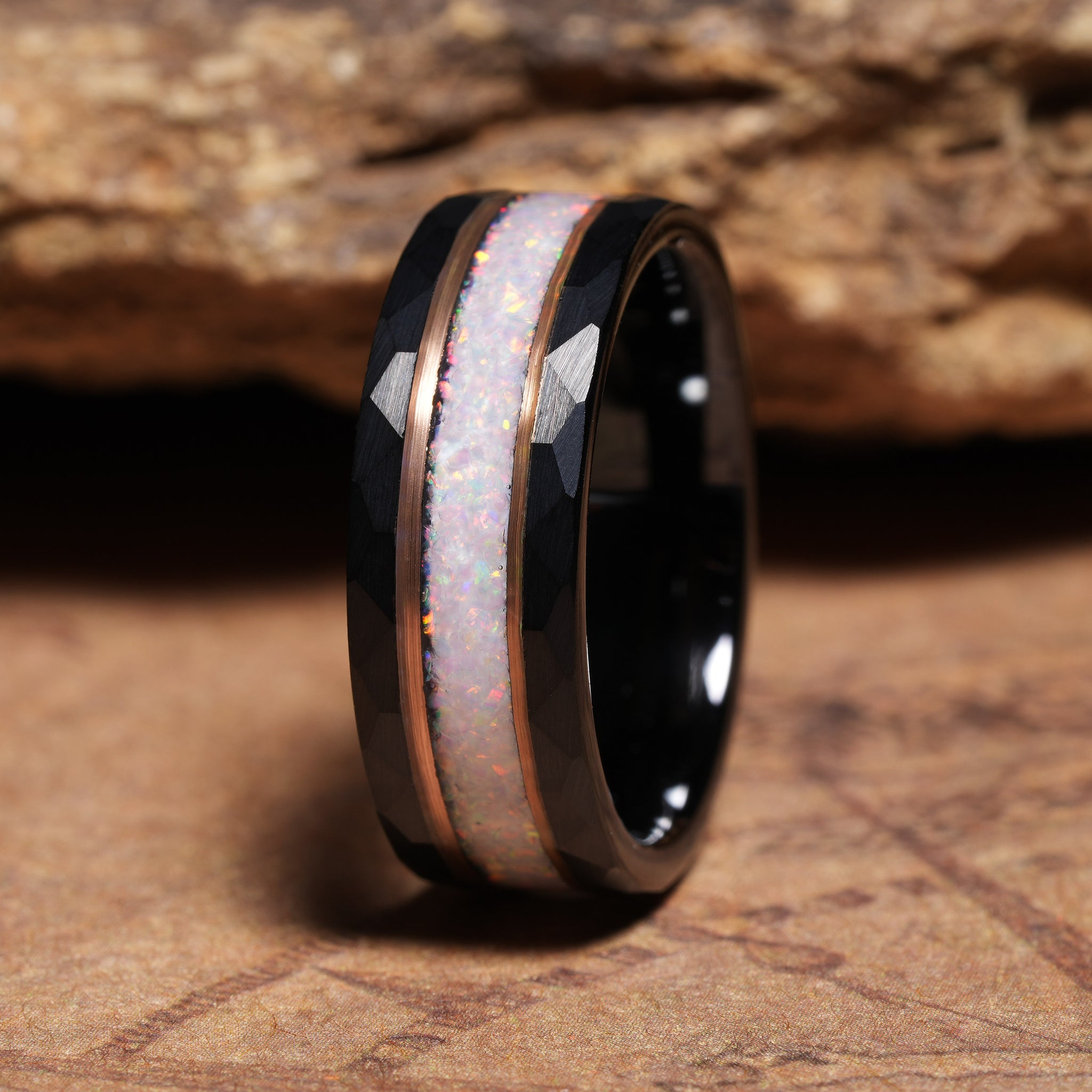 White Opal Rose Gold Strip Wedding Band for Men | 8mm Black Hammered Tungsten Ring