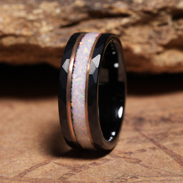 White Opal Rose Gold Strip Wedding Band for Men | 8mm Black Hammered Tungsten Ring 6