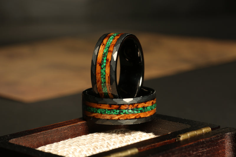 Malachite whiskey barrel ring for men with rugged black tungsten