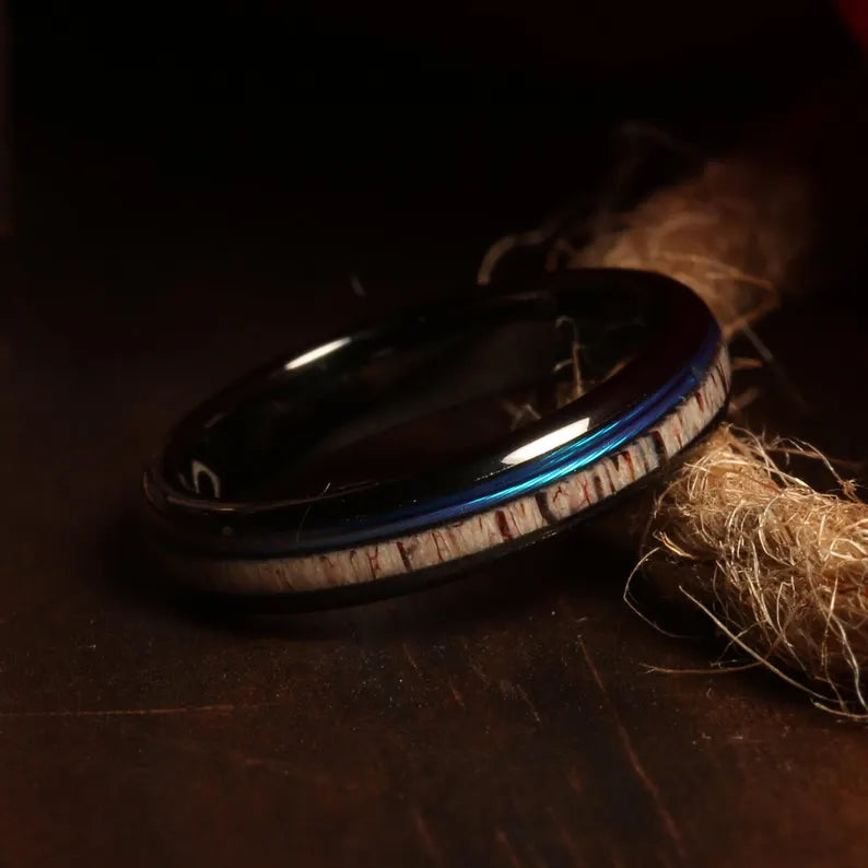 Matching antler blue fishing line rings for couples with black tungsten