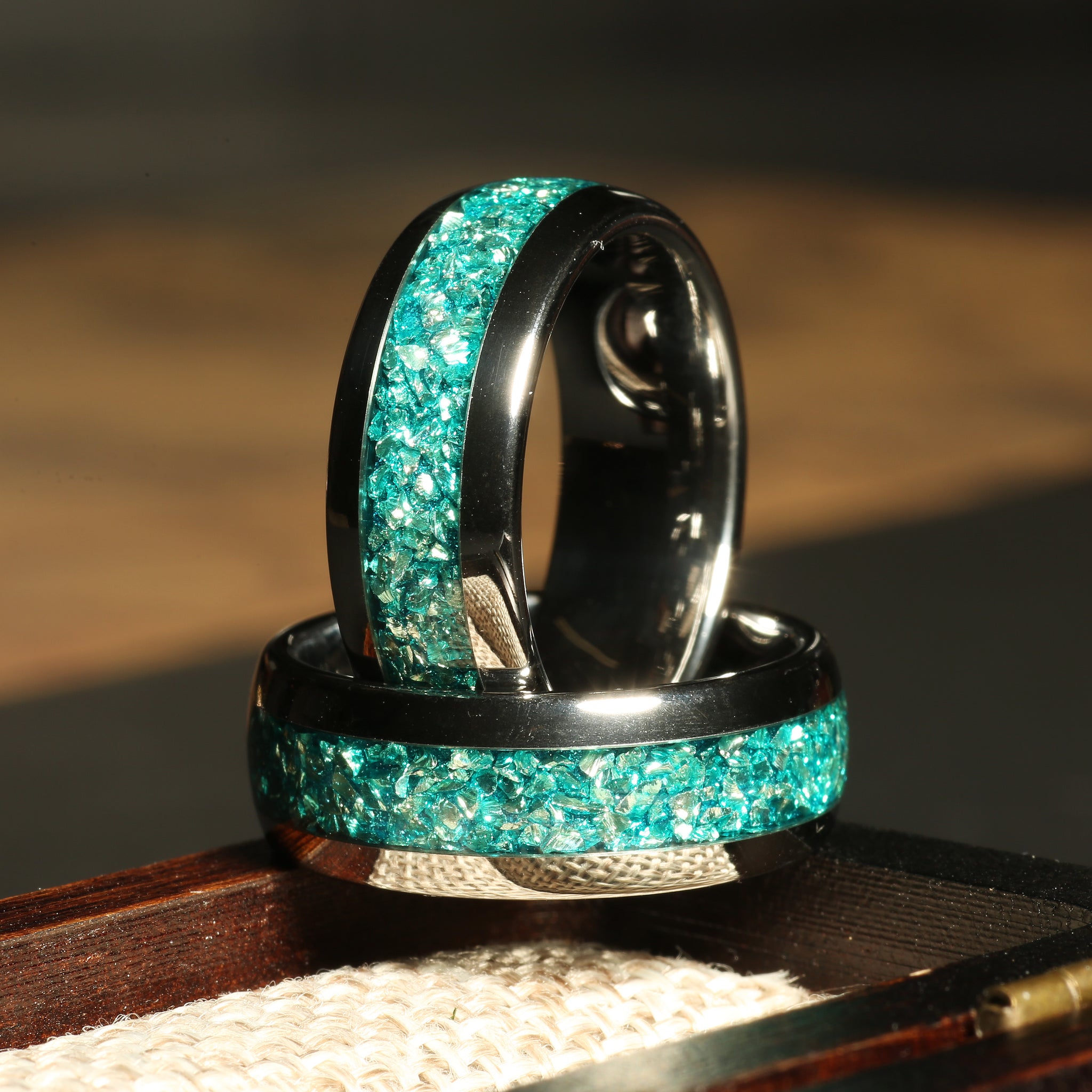 Aquamarine Matching Wedding Band Set | His and Hers Silver Tungsten Rings