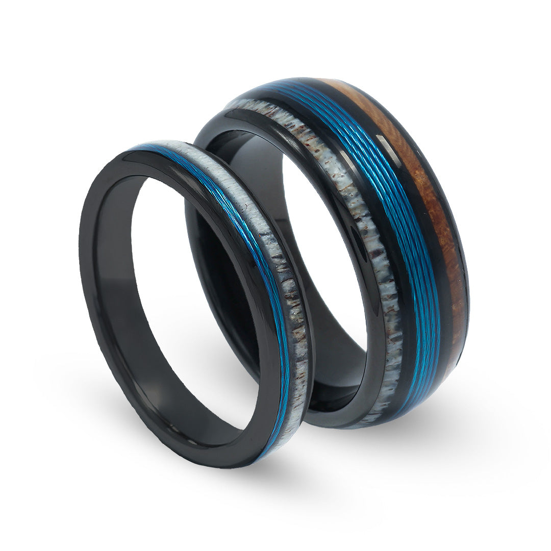 Whiskey Barrel Deer Antler Fishing Line Matching Wedding Band Set | His and Hers Black Tungsten Rings