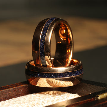 Cosmo Flare Sandstone Matching Wedding Band Set | His and Hers Rose Gold Tungsten Rings 3