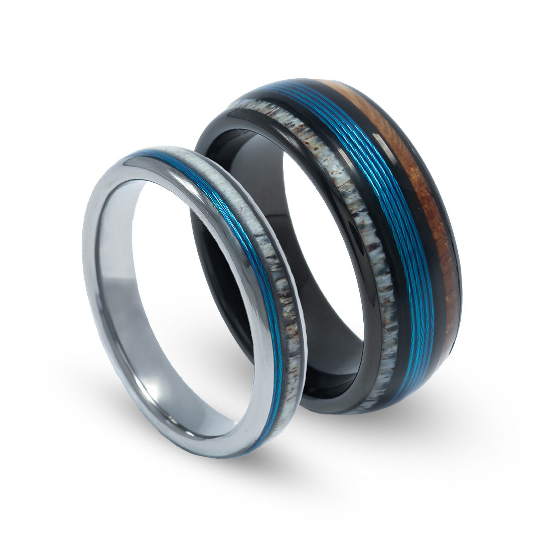 Matching deer antler blue fishing line rings for couples