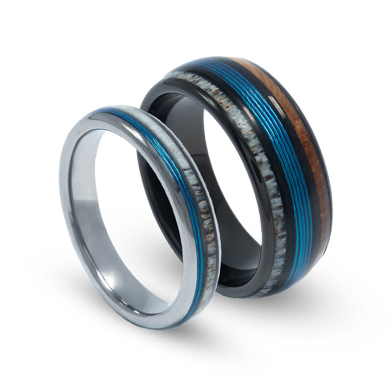 Matching deer antler blue fishing line rings for couples