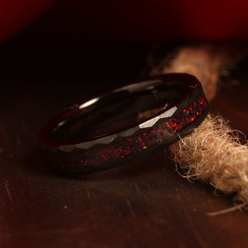Fire Opal Matching Wedding Band Set | His and Hers Black Hammered Tungsten Rings 3