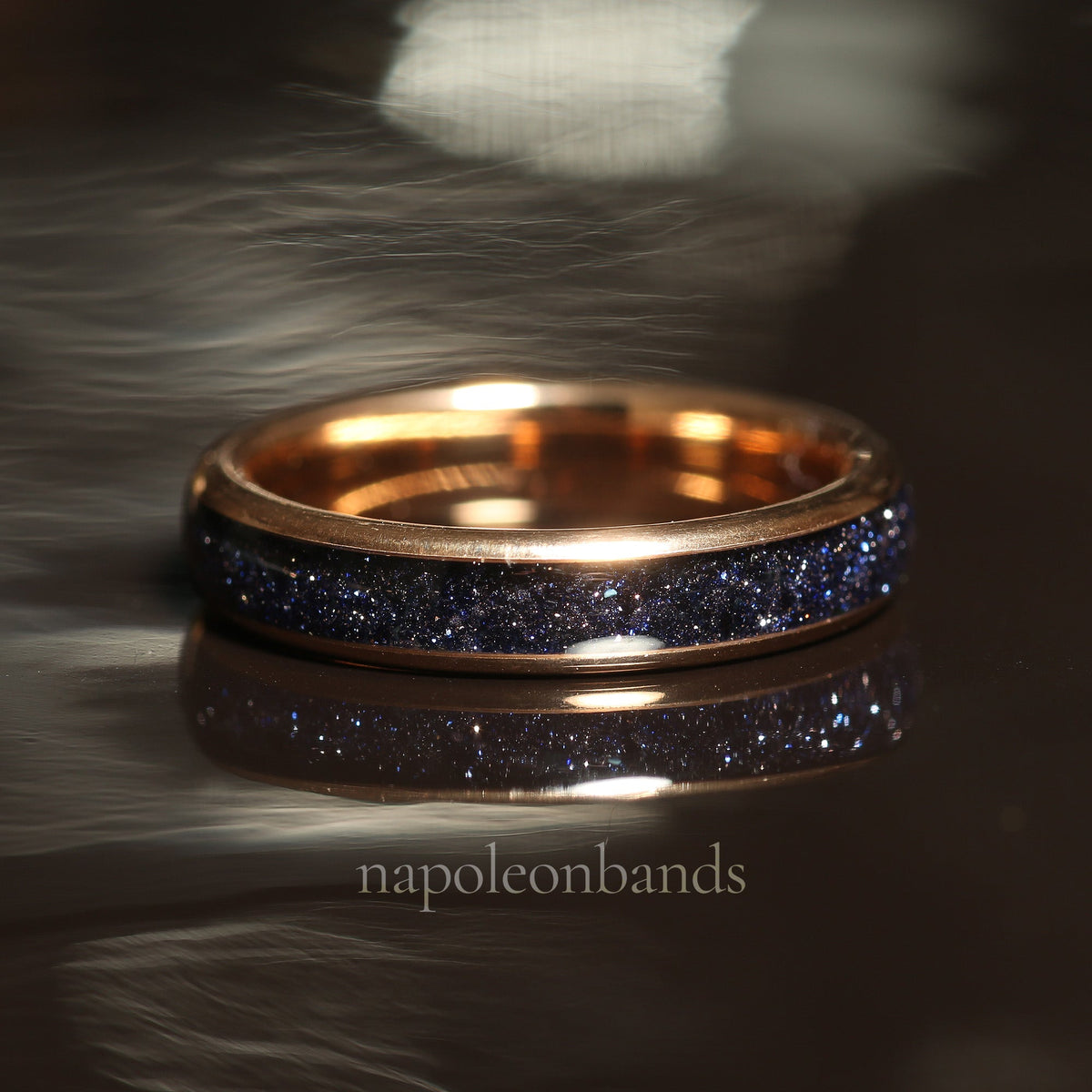 Matching galaxy sandstone rings for couples with rose gold tungsten