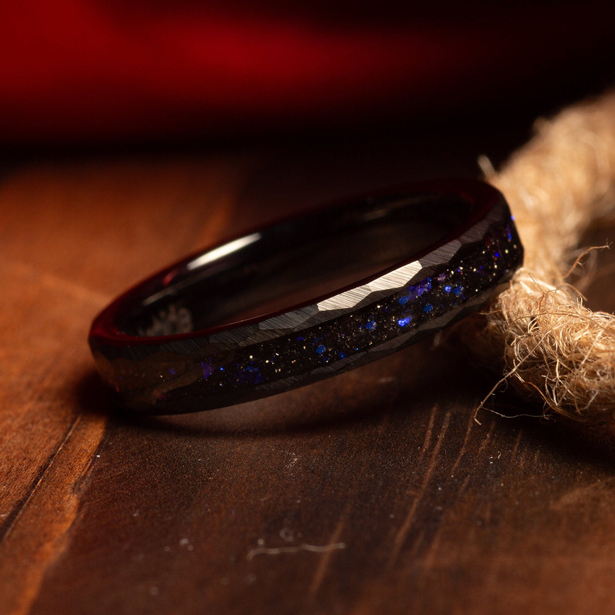 Matching meteorite blue sandstone rings for couples with black tungsten