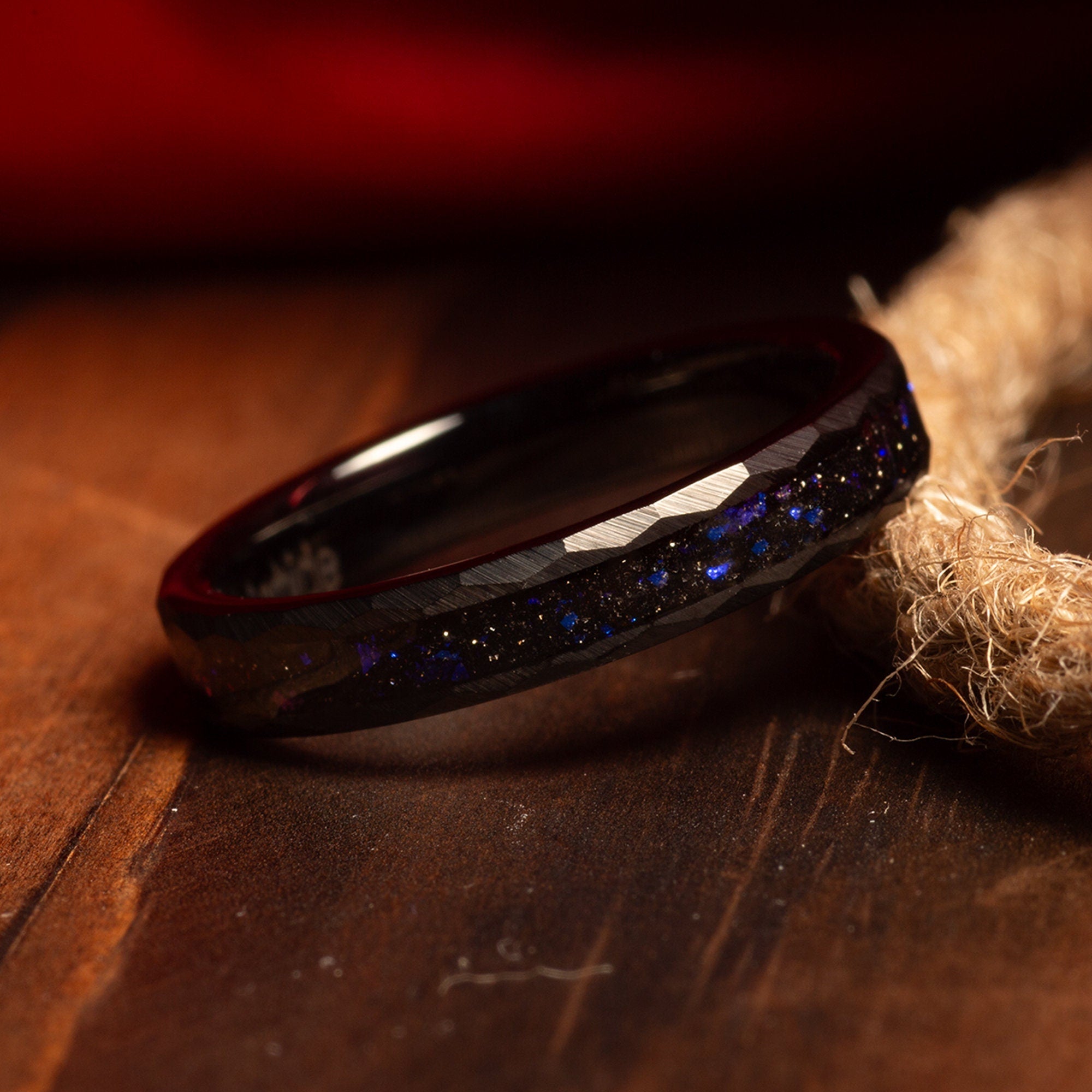 Meteorite Blue Sandstone Matching Wedding Band Set | His and Hers Black Hammered Tungsten Rings